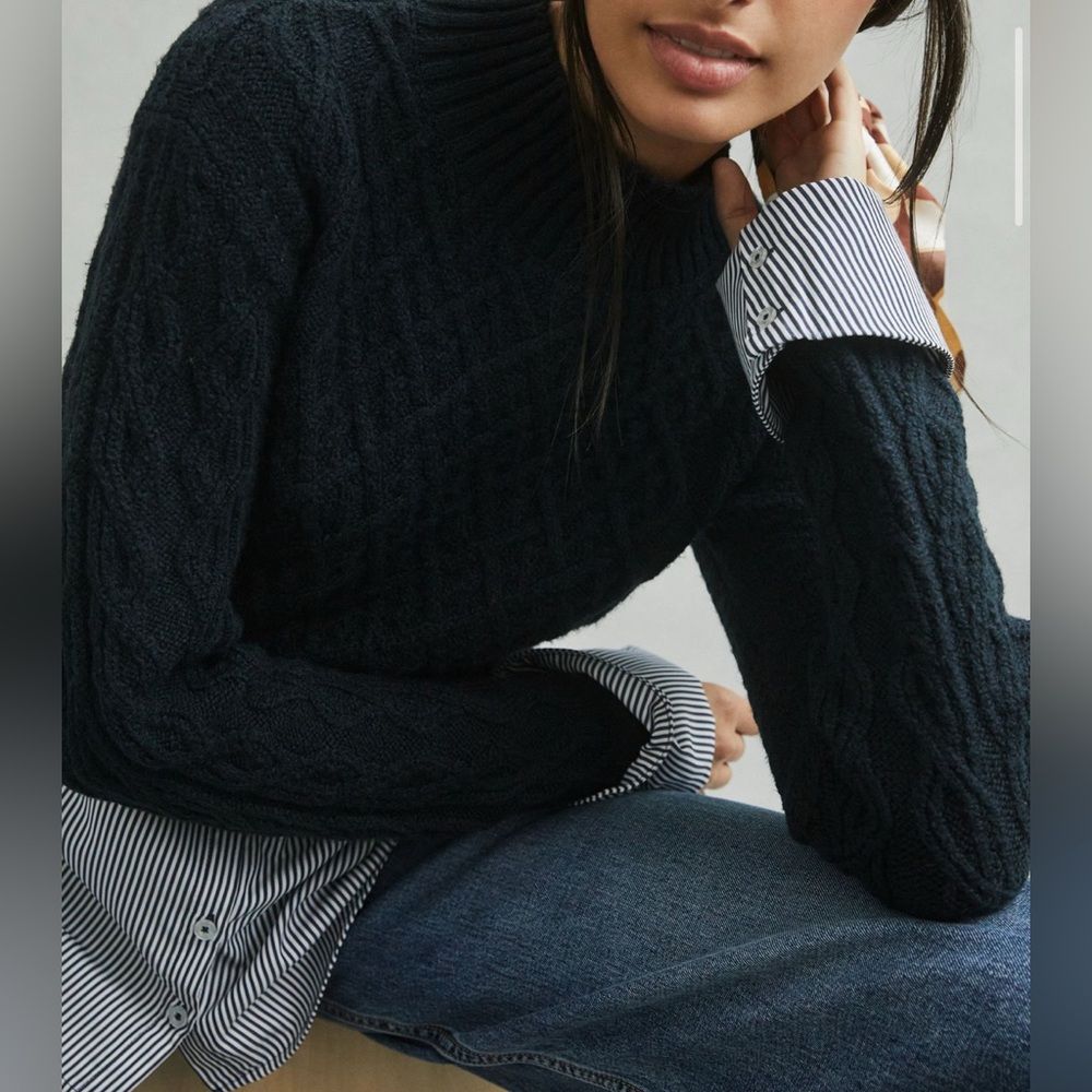 Anthropologie Maeve Women’s XS Cable-Knit Layered Mock Neck Sweater Classic - Picture 3 of 11